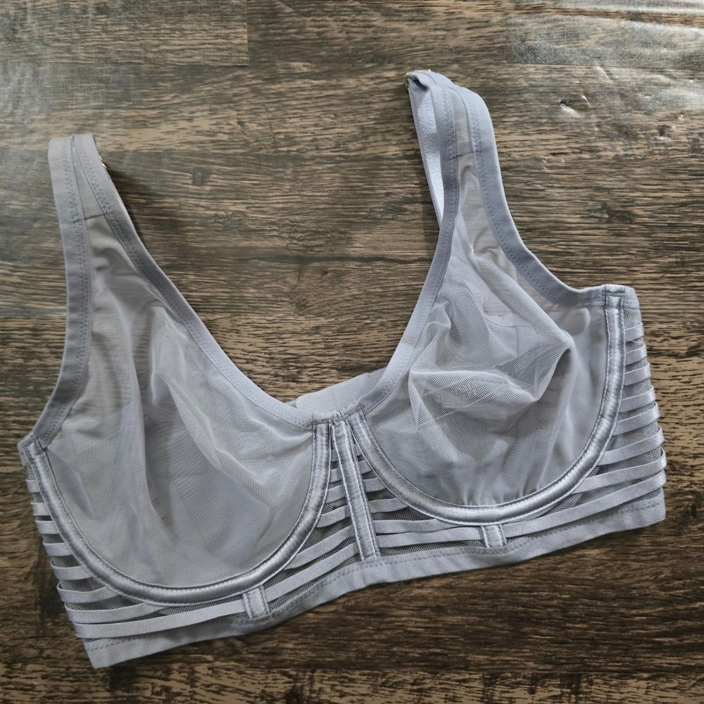 VICTORIA'S SECRET Plunge Bra Womens 32DD Grey Good Mesh Strappy Cage Underwire